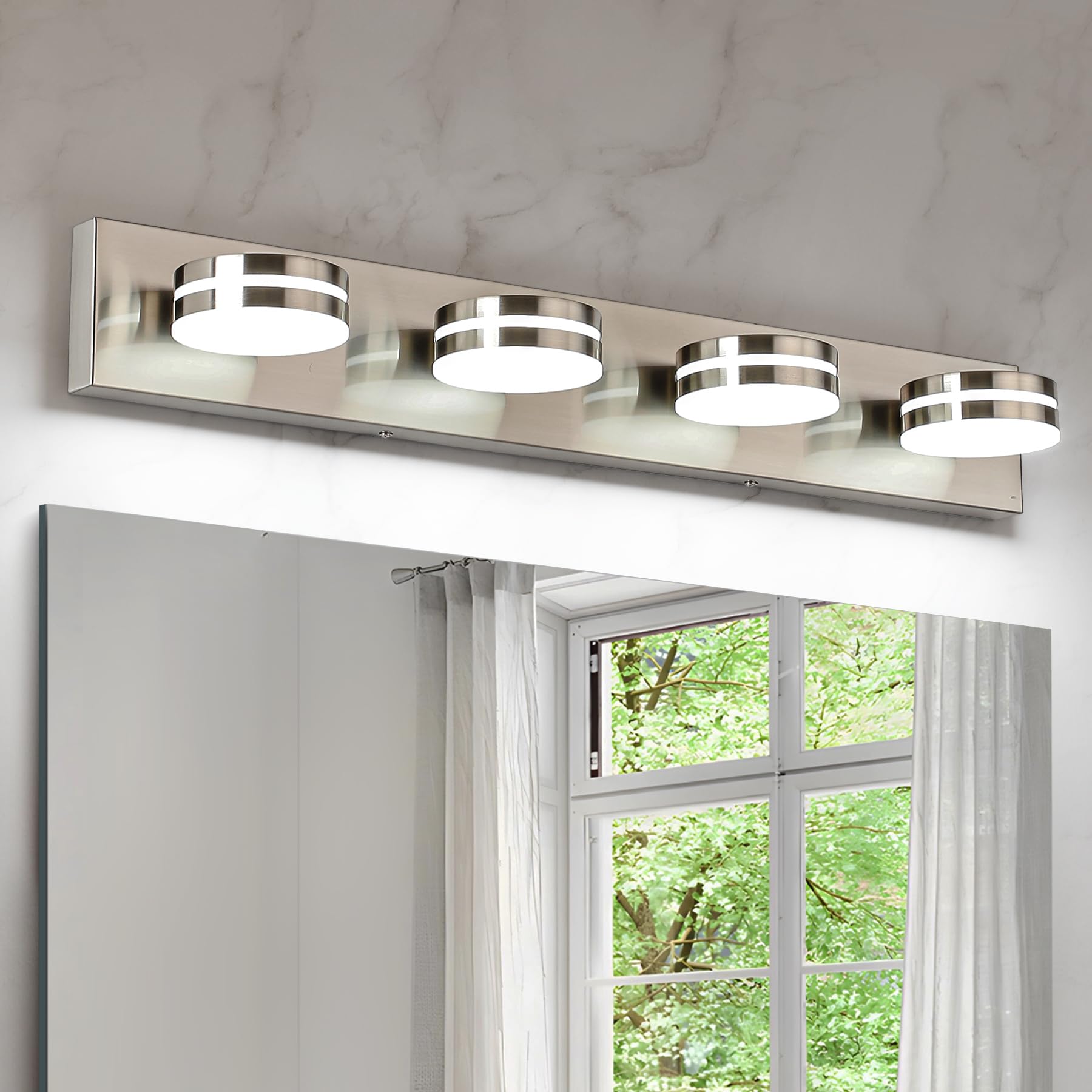 brushed nickel vanity lights for bathroom, 4-light bathroom light fixtures over mirror, led dimmable bath lighting fixture, modern wall mounted lighting fixture