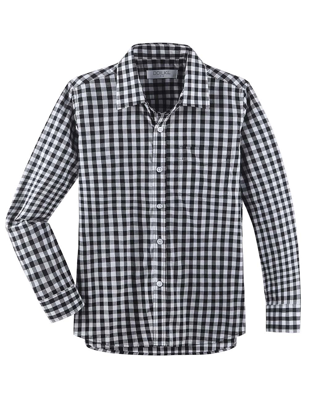 DDILKE Camisa escolar de manga larga para niños, camisa de popelina con botones a cuadros, ajuste regular