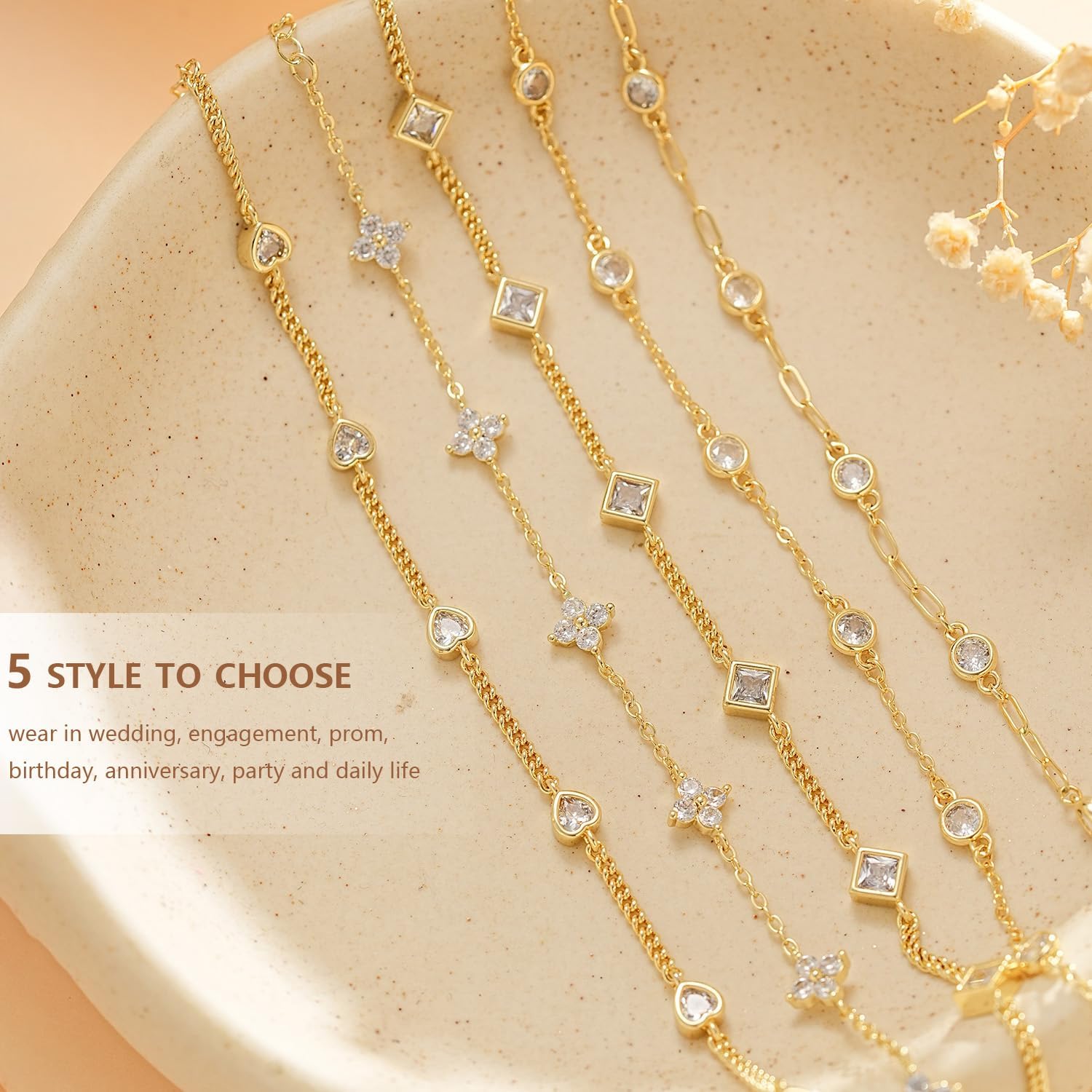 Gold Bracelets for Women,14K Dainty Gold Plated Bracelets Non Tarnish Waterproof Diamond Bracelets Heart Flower Round Square CZ Charm Bracelet Trendy Stuff Jewelry Gifts for Her - Image 5