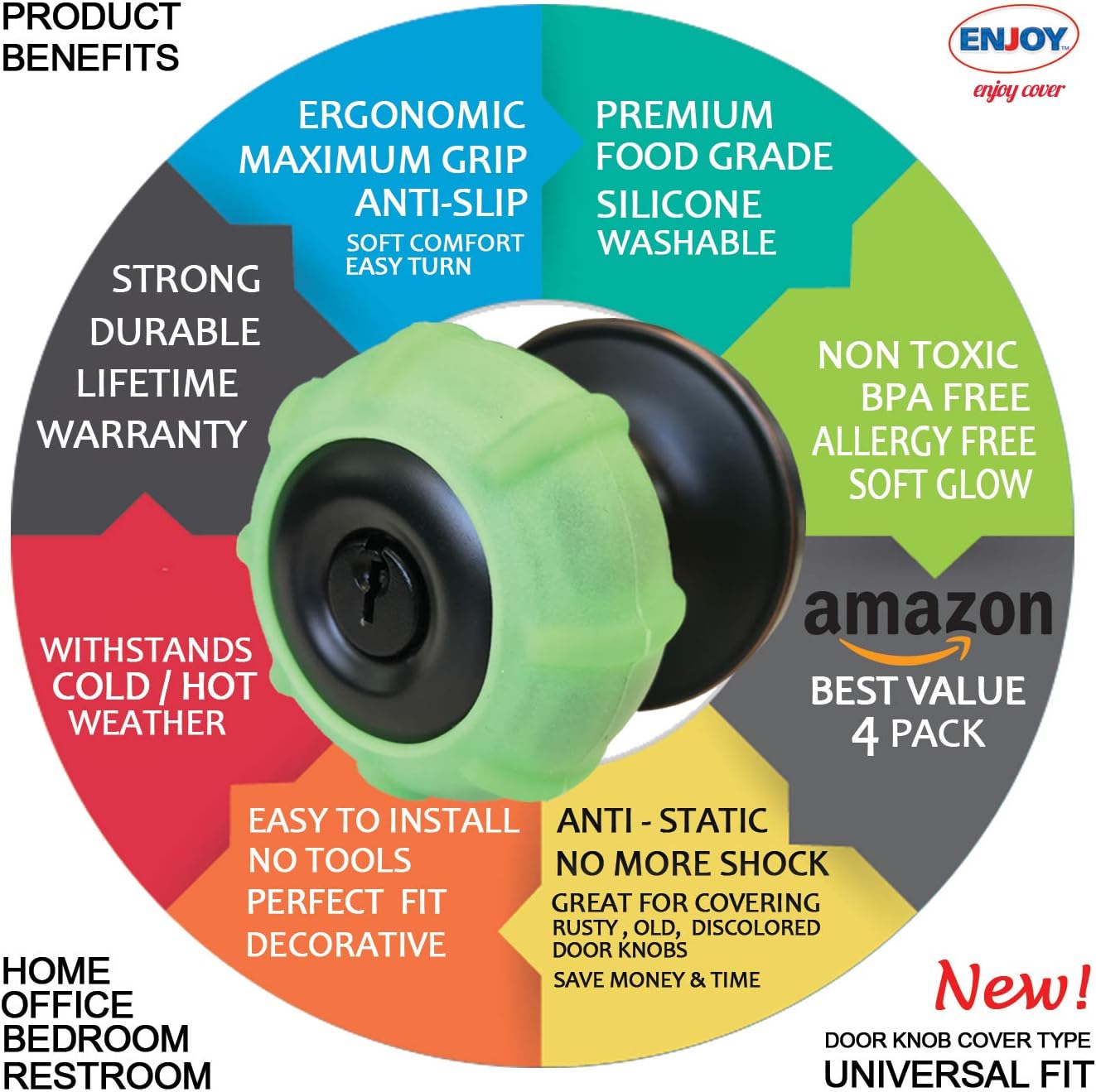 ENJOY COVER -Neon Green Silicone Door knob Grips Soft Glow Maximum Grip - Arthritis & Senior Living Aids Grippy Easy Open Fits All Door Knob Universal Size Decorative 4 Pack : Health & Household