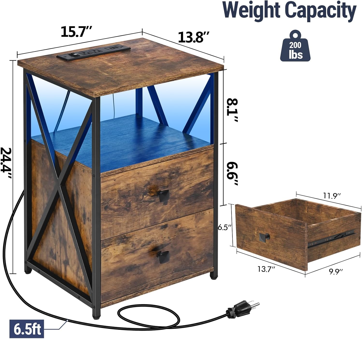 Livofloral Nightstand with Charging Station, LED End Table with Storage, Side Table with USB Ports and Outlets, Bedside Table with Wooden Storage Drawers and Shelves for Bedroom, Living Room, Brown - Image 3