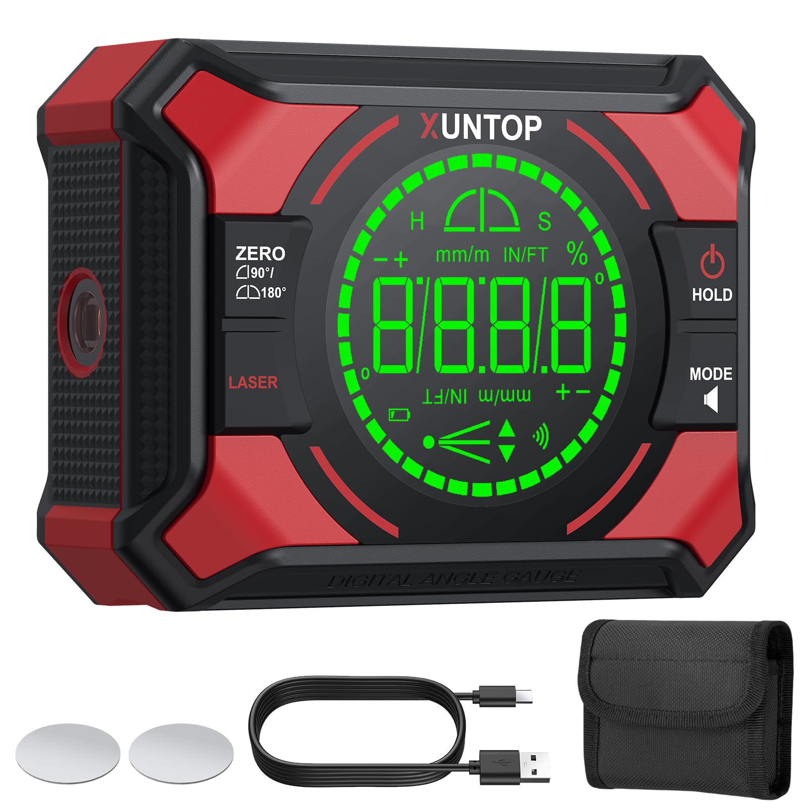 XUNTOP 3 IN 1 Digitaler Winkelmesser Neigungsmesser Laser Wasserwaage Magnetisch Nivellierbox mit LED Display, Type-C Schnittstelle für Holzarbeiten, Bau, Dekoration, DIY