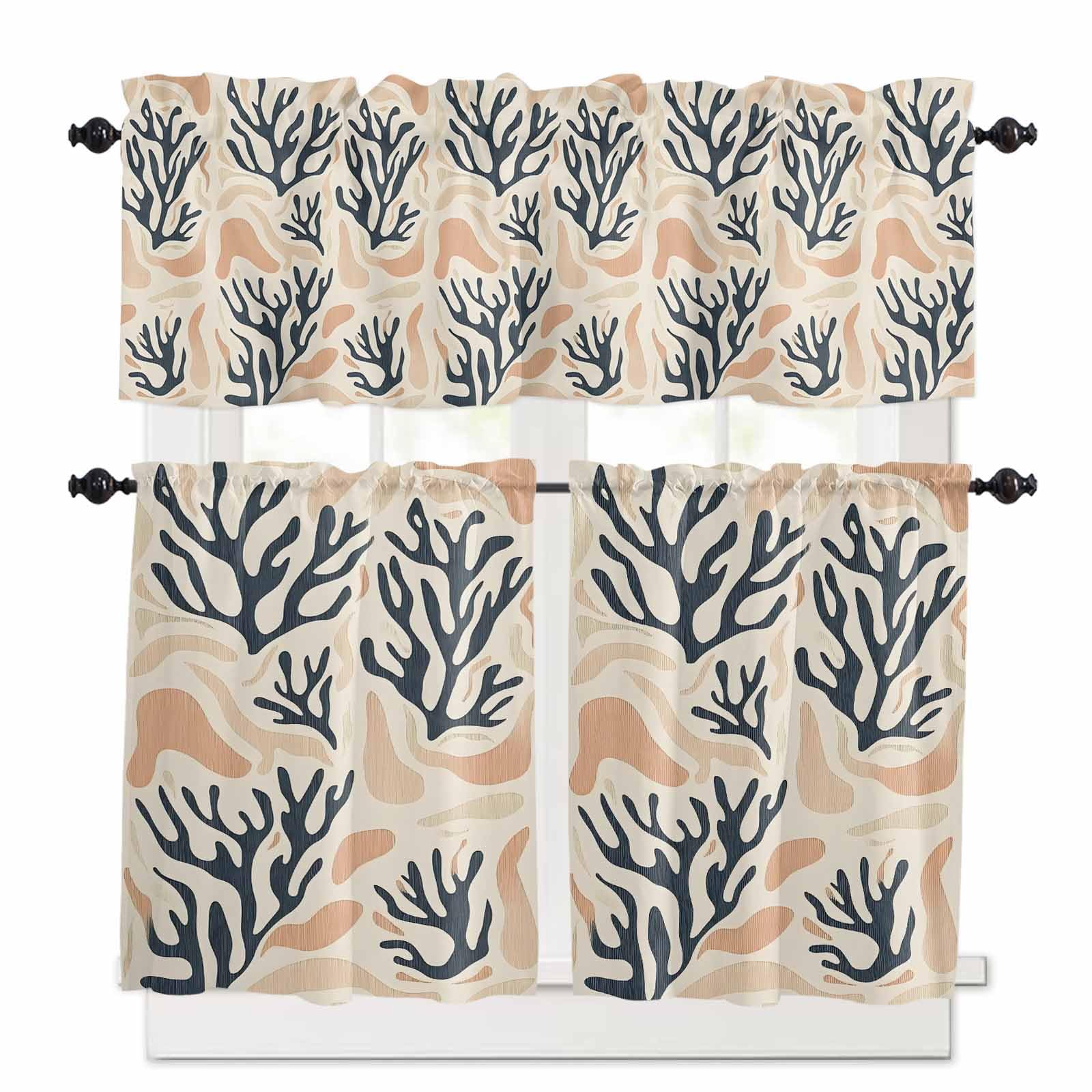 Coastal Coral Kitchen Curtains 36 Inch Length, 3 Piece Rod Pocket Small Half Tiers and Valance Set, Summer Beach Nautical Ocean Small Large Window Treatment Decor for Bedroom/Bathroom Sink