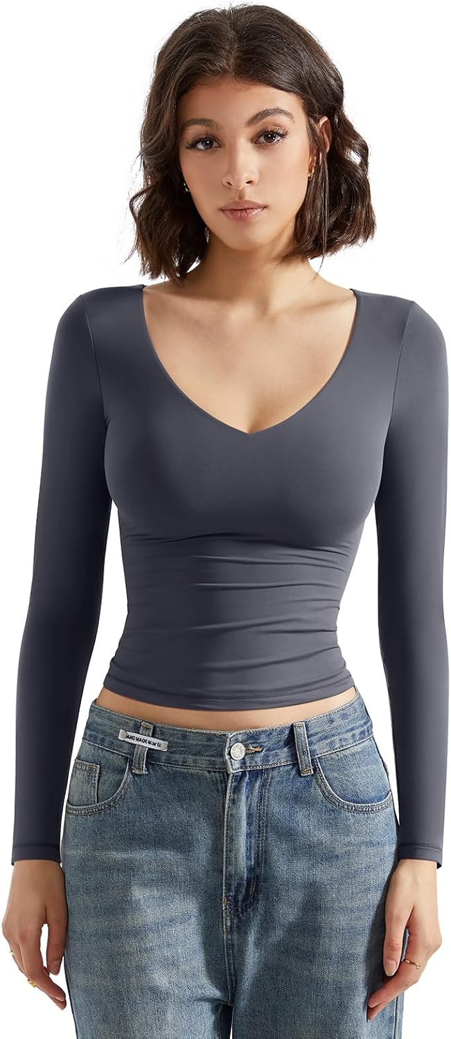 SUUKSESS Women Double Lined Casual V Neck Crop Tank Tops Basic Long Sleeve Shirts - Image 2