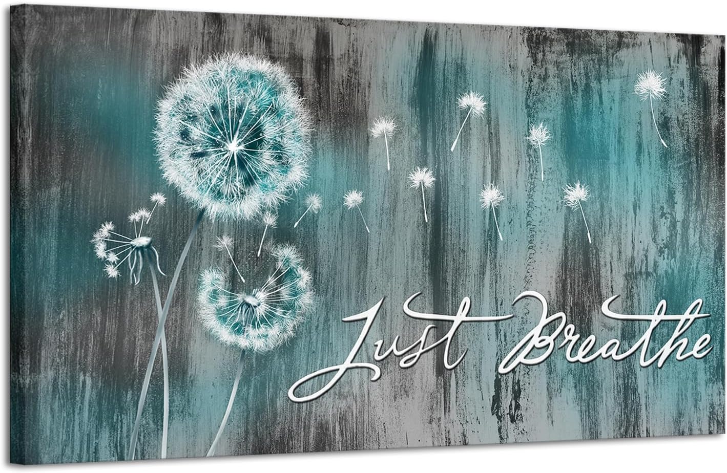 iHAPPYWALL Large Just Breathe Wall Art Abstract Teal Dandelion Flower Inspiratiobal Quotes Rustic Floral Artwork for Bedroom Farmhouse Home Wall Decor Ready to Hang 20x36inch