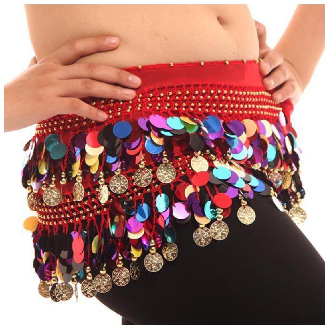 VRITRAZ Women's Chiffon Belly Dance Hip Scarf Waistband Belt Skirt Mixed Colors Beads and Golded Coins 56 Red