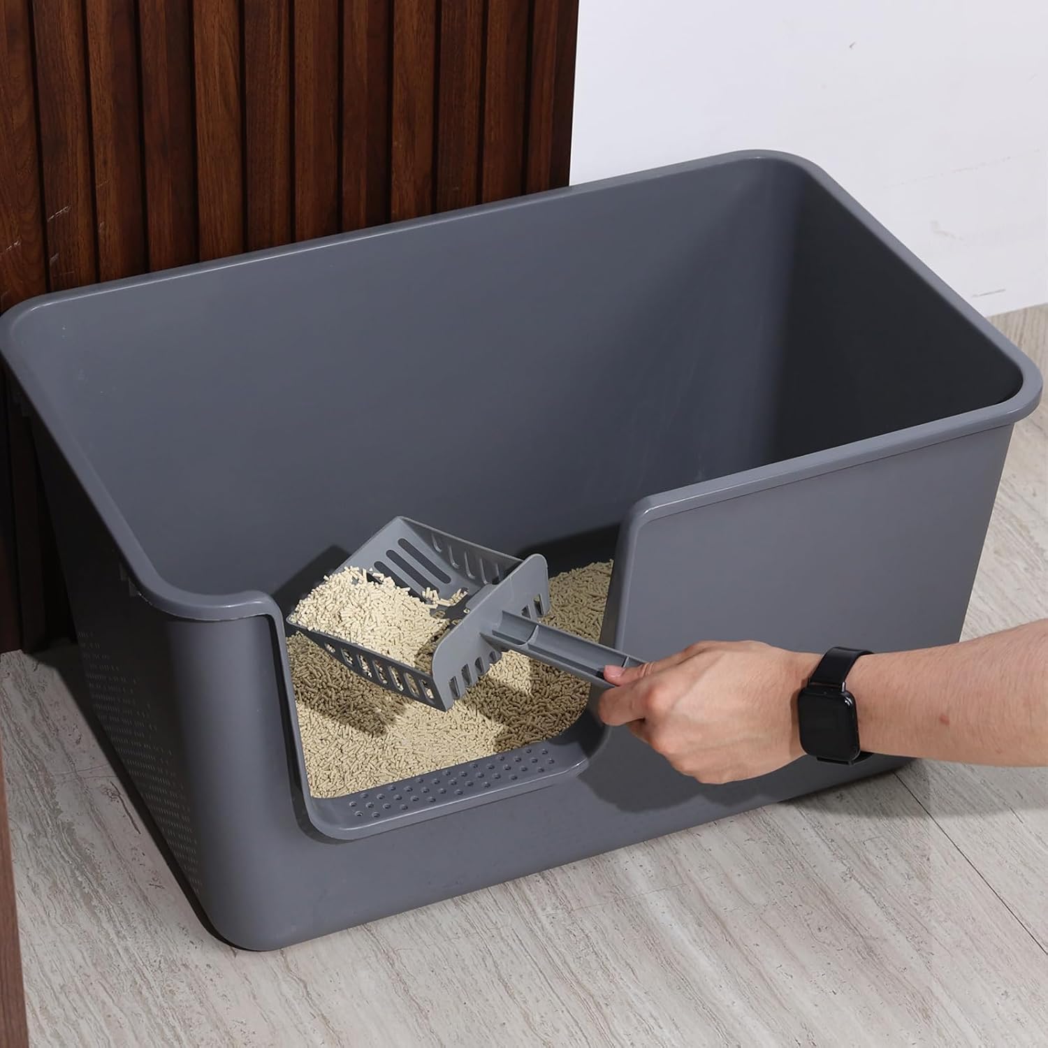 4-Pack Large Cat Litter Box with High Sides, Anti-Splash Kitty Litter Pan with Low Entry & Scoop, Durable Plastic Litter Boxes for Large Cats & Multi-Cat Households, Easy to Clean, Gray