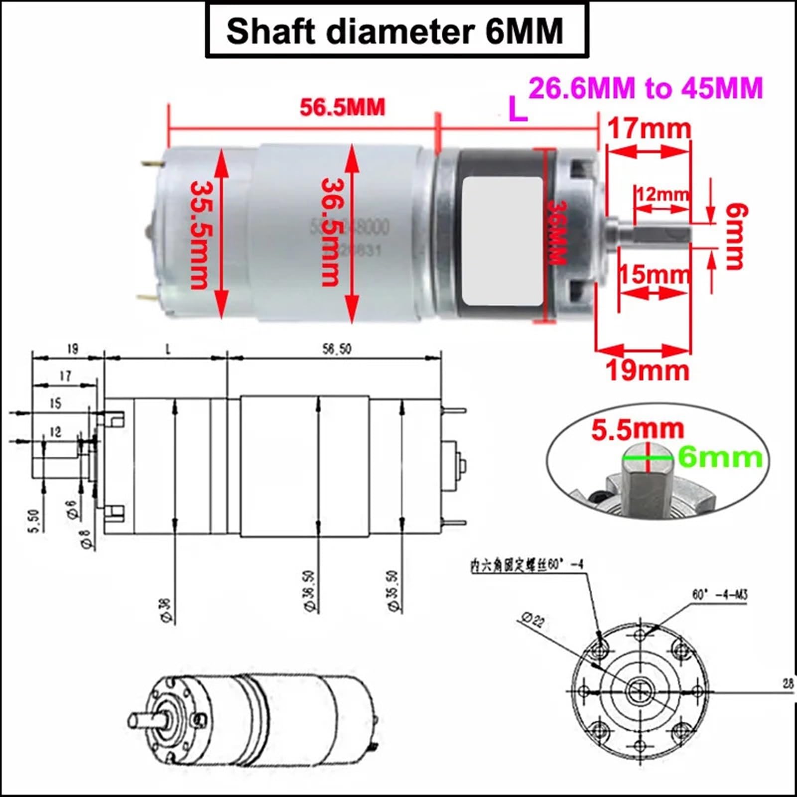 Motorreductor planetario de Alto par, CC 12 V y 24, Larga Vida útil, Baja Velocidad, Ajustable, Reversible, diámetro del Eje Engranaje metálico(Shaft Diameter 8MM,12v 58rpm 17kgf.cm)