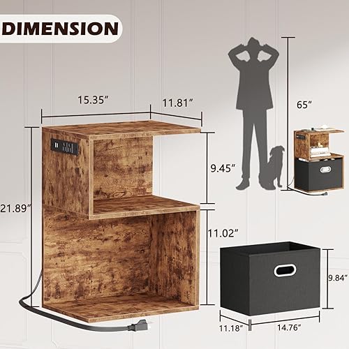 Miniatura 3 de Furologee Mesita de noche con estación de carga, mesa auxiliar en forma de S con cajón, mesa auxiliar de 3 niveles, estantería pequeña abierta, para