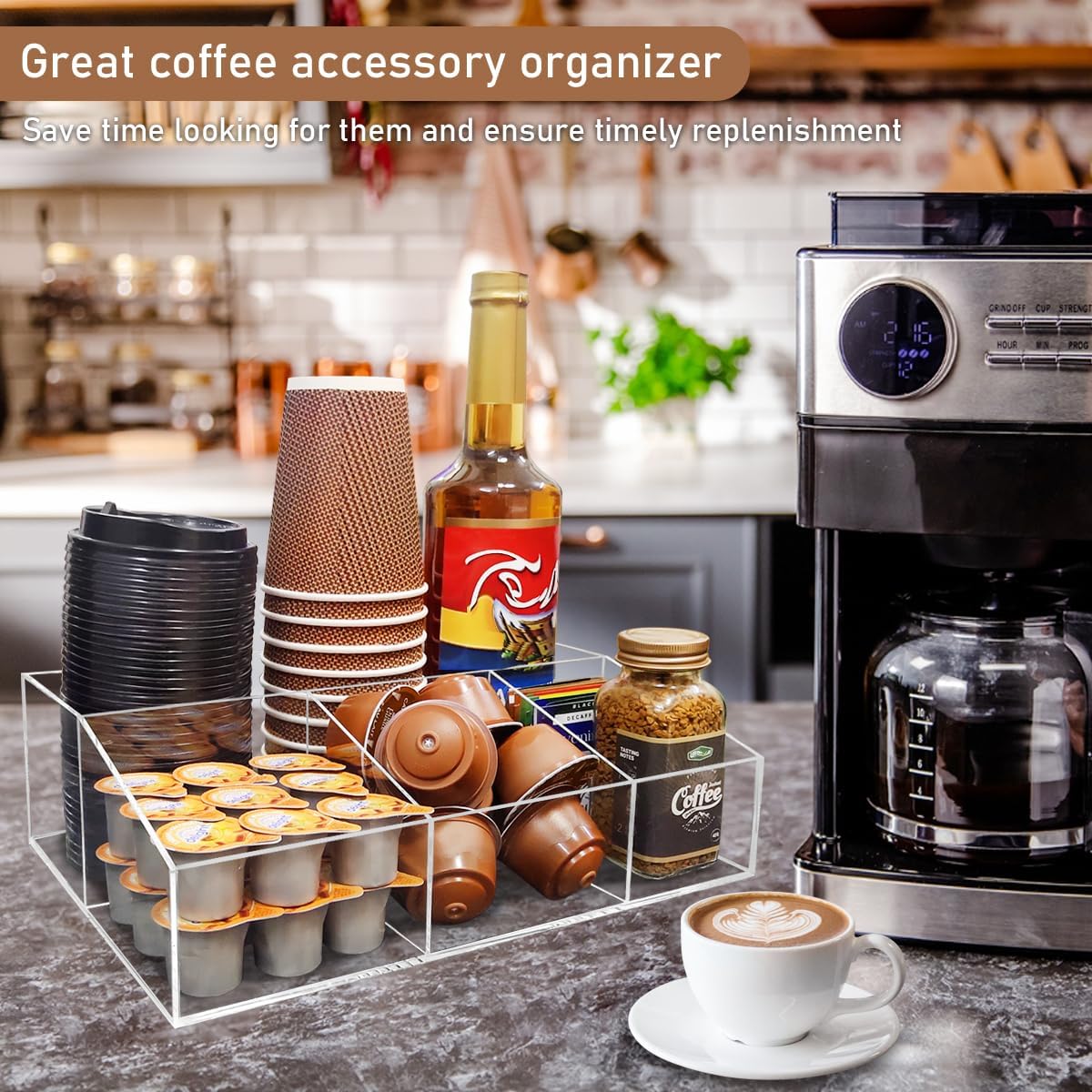 Acrylic Coffee Bar Station Organizer for Countertop, Office, Home Coffee K Cup Holder Holds Paper Cups, Condiments, Syrups, Creamer, Multi-Purpose Accessories Organizer