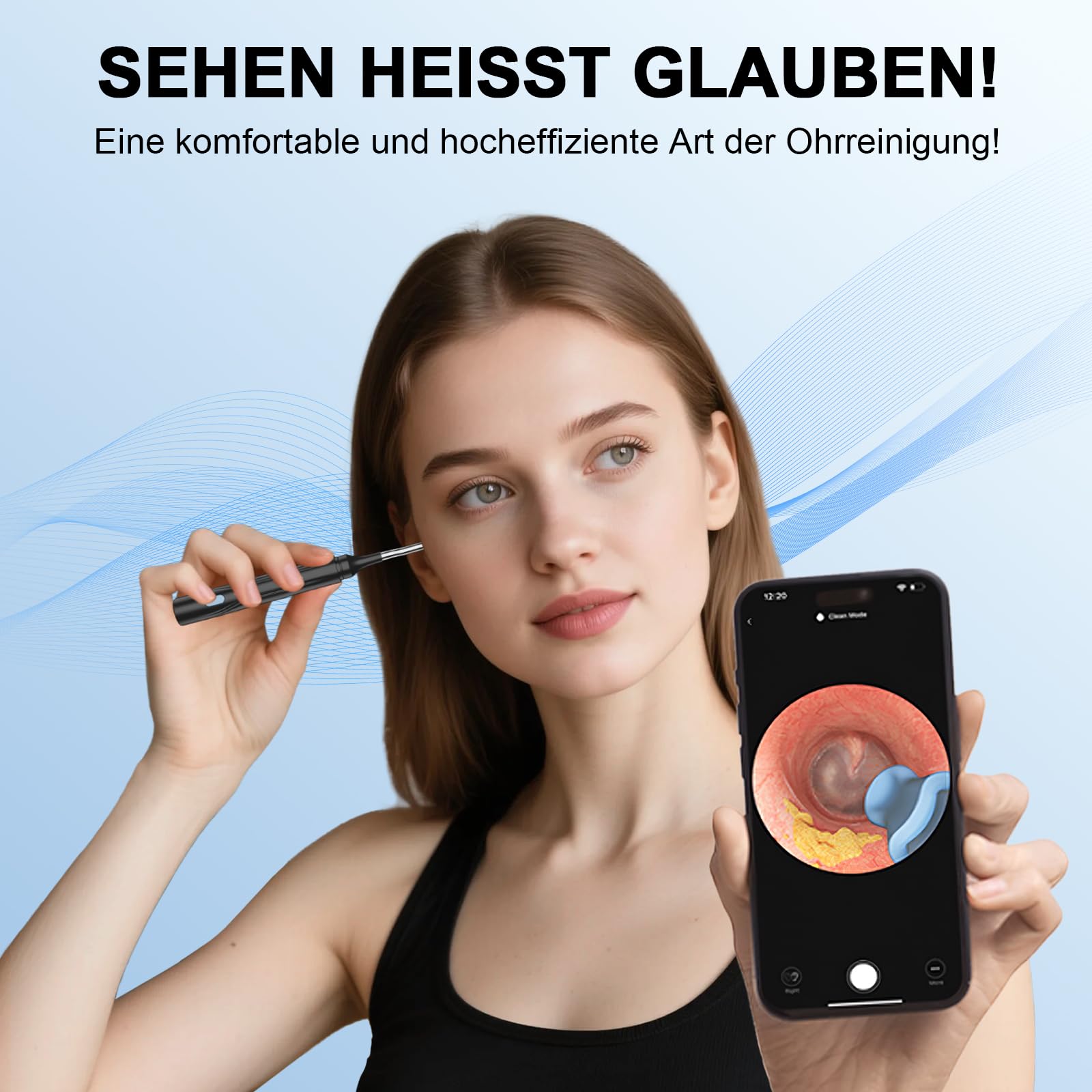 6 in 1 Kamerawerkzeug zur Ohrenschmalzentfernung mit Pinzette, Ear Scope Otoskop Set mit 6 LED Kameralichtern, visueller Ohrpicker, kabelloser Ohrenschmalzentferner (schwarz, DF004)