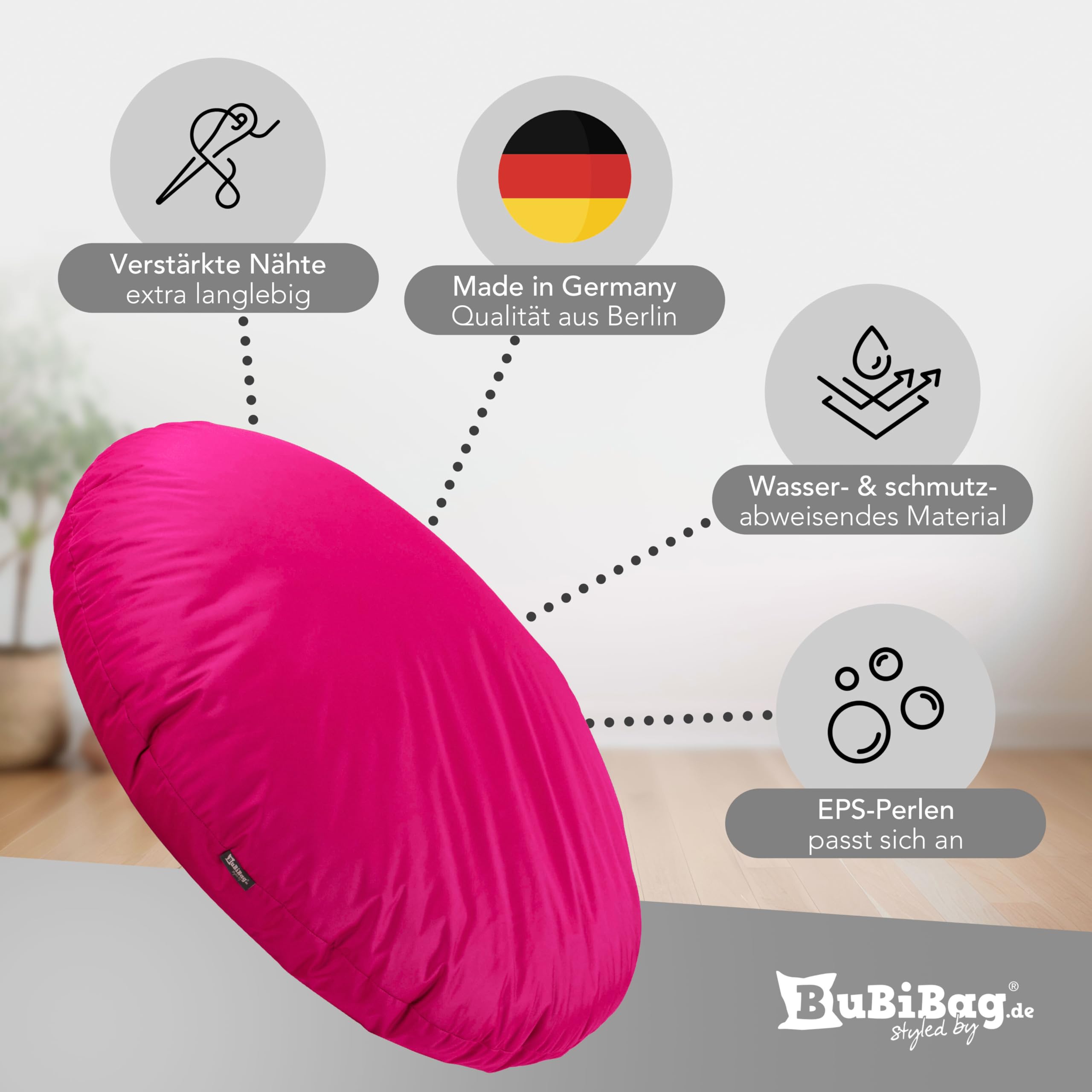 BuBiBag 2in1 Sitzsack für Kinder & Erwachsene - Farbe: Beere Ø 70cm - Indoor & Outdoor - Bodenkissen & Sessel - mit EPS-Perlen - ergonomisch & wasserabweisend