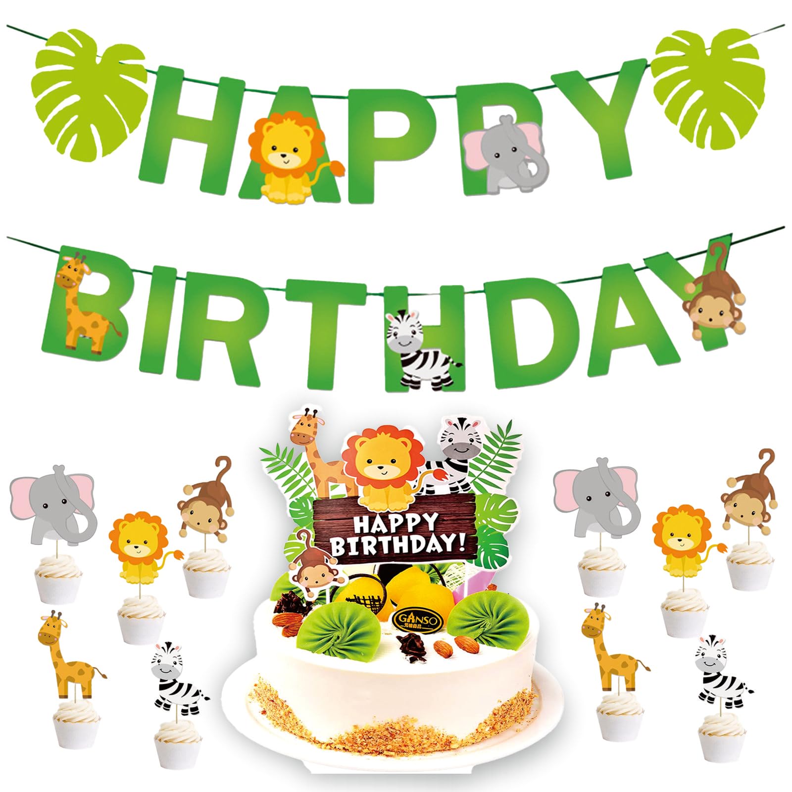 YGFEJSDNSW Jungle Safari Birthday Party Decorations, Green Leaf Animal Party Set, Cake Topper, Birthday Banner, Palm Leaves, for Kids Party & Kindergarten Decoration, Baby Shower