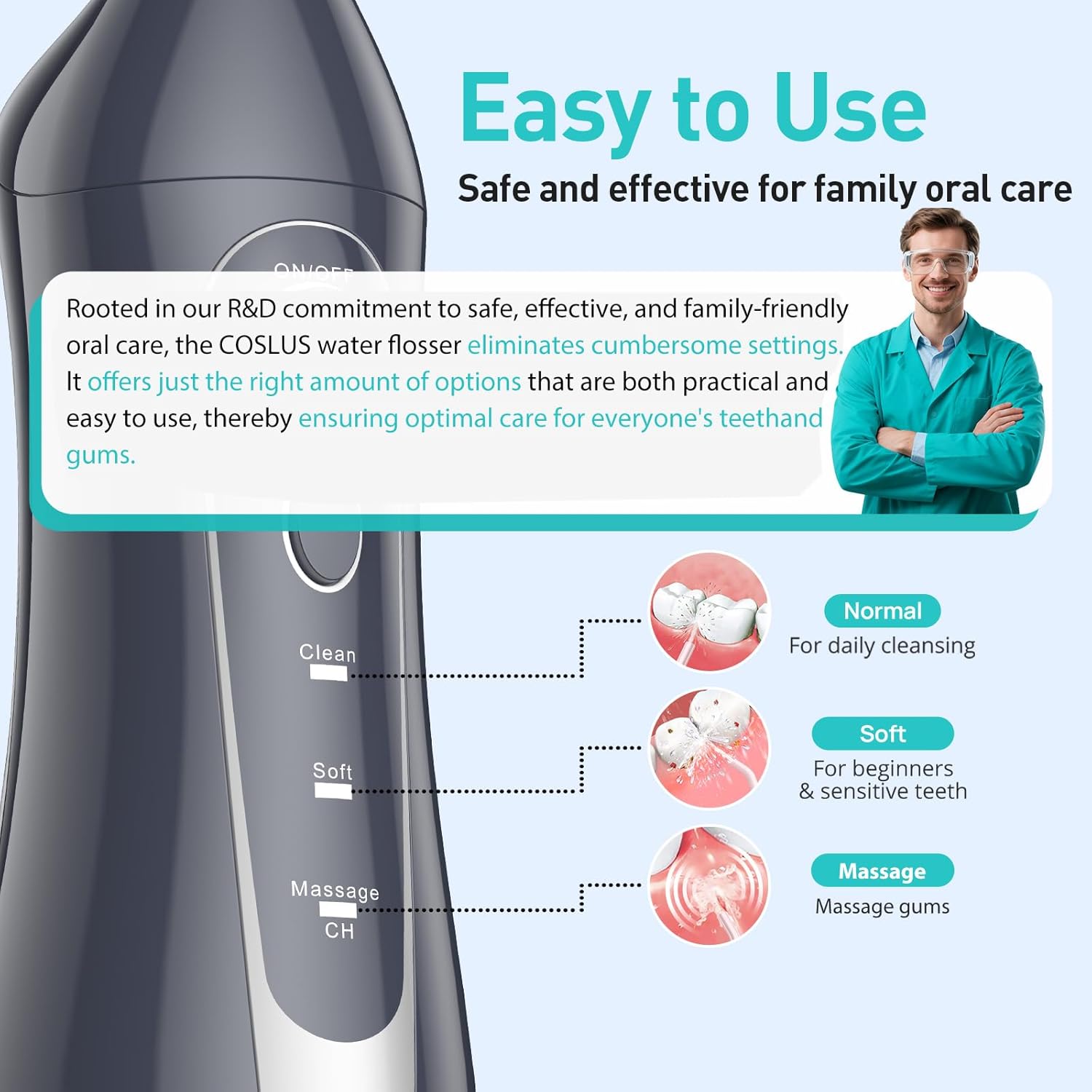 COSLUS Water Dental Flosser Teeth Pick C20(F5020E): Portable Cordless Oral Irrigator 300ML Rechargeable Travel Irrigation Cleaner IPX7 Waterproof Electric Flossing Machine for Teeth Cleaning, Grey
