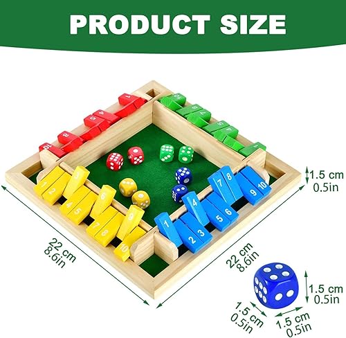 Miniatura 9 de Shut The Box - Juego de mesa de madera  2-4 jugadores 1-10 números juego de matemáticas de madera oscura con 8 dados, juego de estrategia clásico