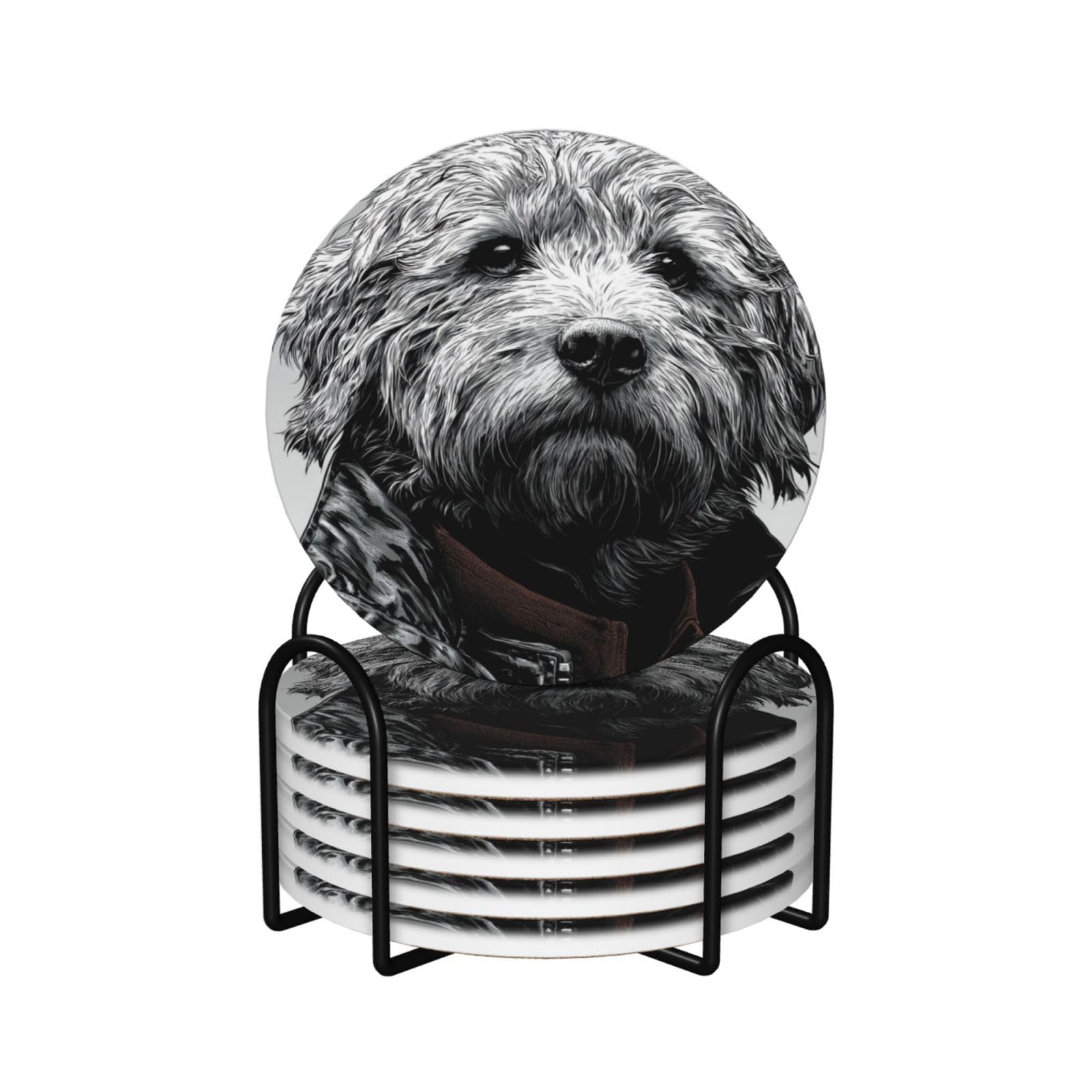 Dog in Leather Jacket Ceramic Coasters with Holder 6ps