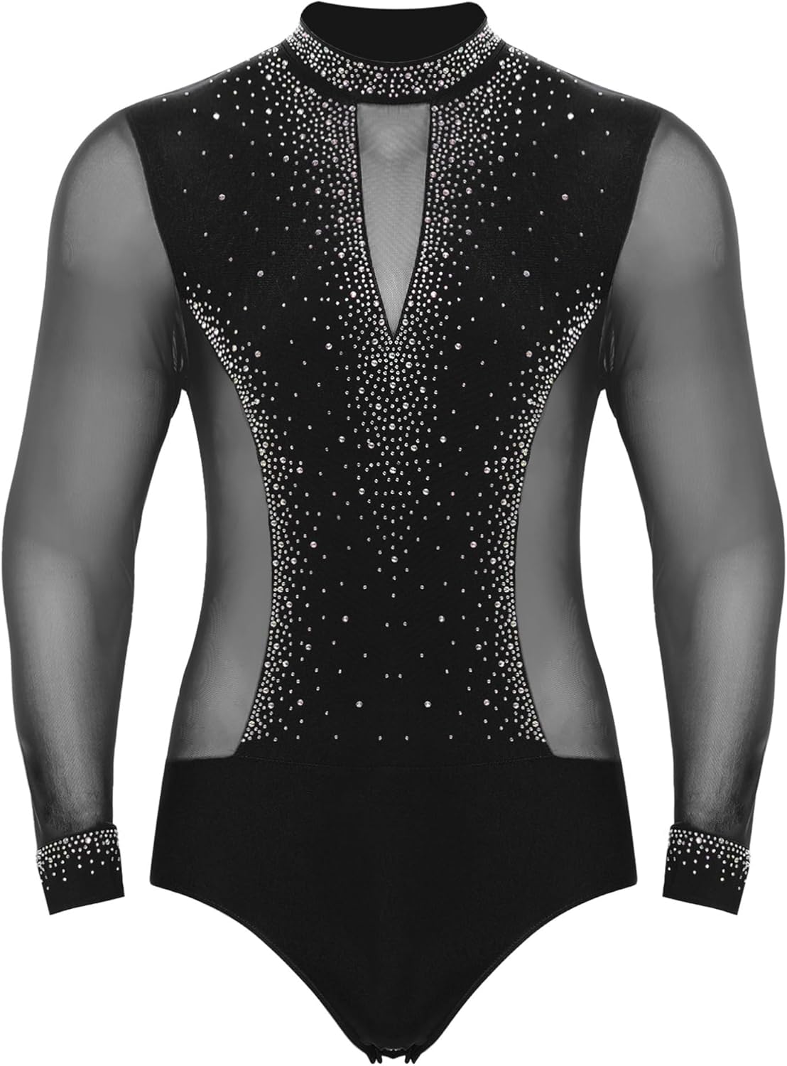 Mens Latin Dance Outfits Long Sleeve Shiny Rhinestones Mesh Leotard Bodysuit and High Waist Pants