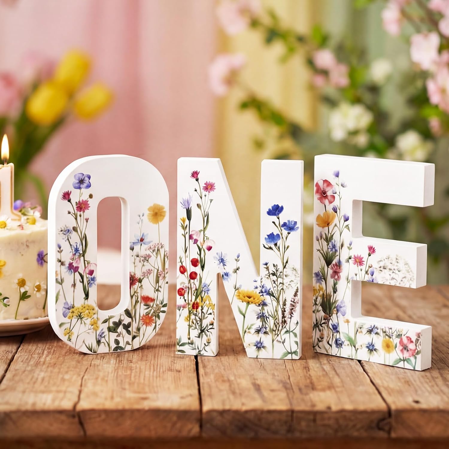 Novabright Wildflowers Wooden One Sign for 1st Birthday Baby Shower Photo Prop First Birthday Decoration Photo Prop Cake Smash Props Table Centerpiece for Girls Baby Shower Party Decor
