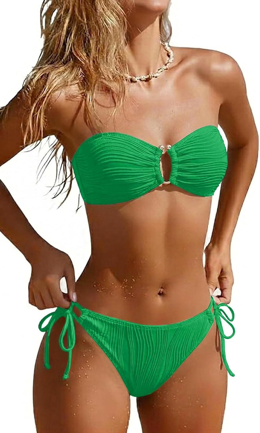Yonique Women's Ribbed Bandeau Bikini - Sexy Two Piece Strapless Swimsuit String Tie Side Bathing Suit 2026