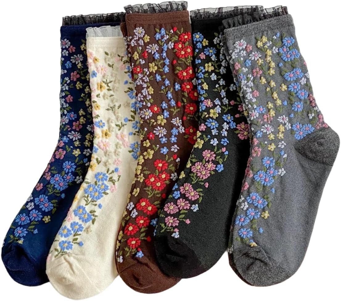 Vintage Style Embroidered Floral Socks for Women Girls with Lace Trims, Spring and Fall Cotton Crew Socks