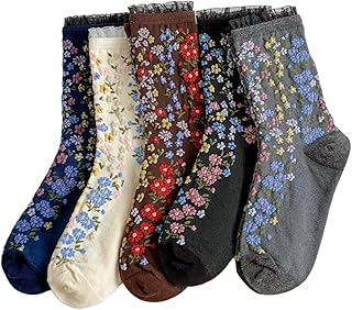 Vintage Style Embroidered Floral Socks for Women Girls with Lace Trims, ...