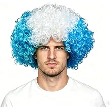 Light Blue White Argentina Afro Wig Fancy Dress Accessory for Adults World Cup Football,Argentine Wig Curly Bouncy Hair for Men Women Football Rugby Fans Gift Sport Event Argentina Party Decorations