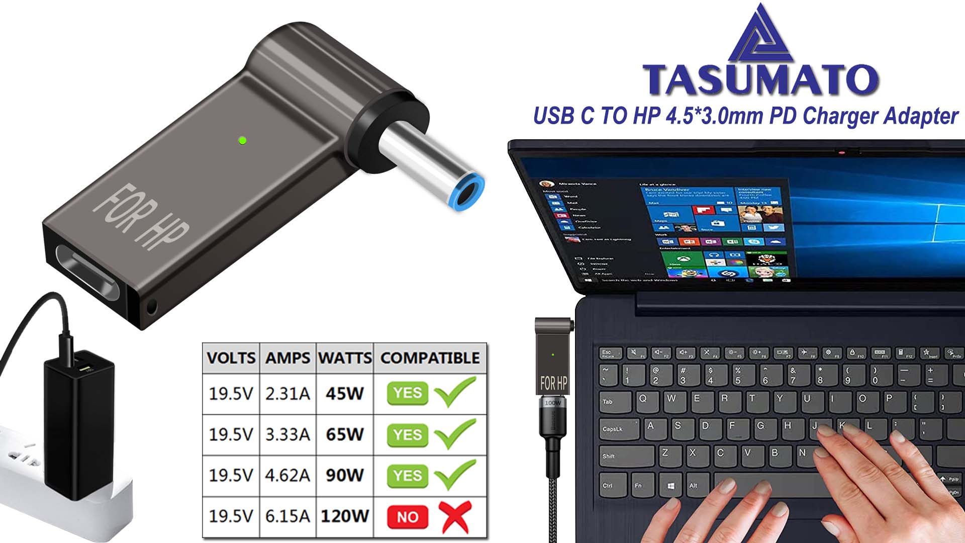 USB-C To 4.5mm DC Laptop Charger Adapter Cable For HP Laptops - 20V, Black