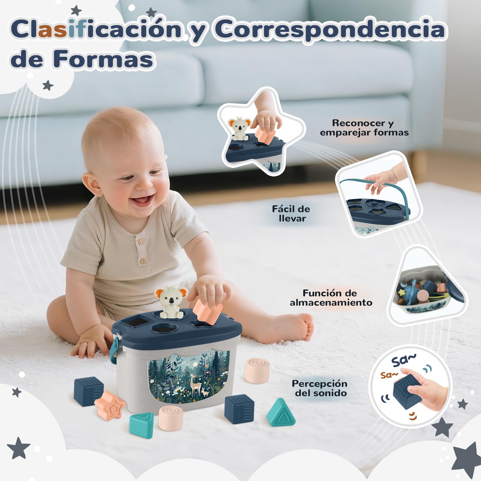 Juguetes Bebes 6-12 Meses,5 en 1 Juguetes Montessori,Juguetes Sensoriales con Cuerda para Tirar, Clasificación y Apilamiento de Formas,Xilófono,Taza de Apilable,Regalos Bebés Montessori 6 a 12 Meses