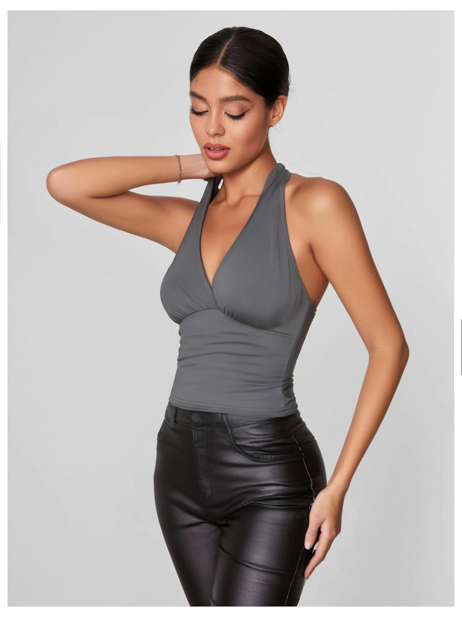 WDIRARA Women's Leopard Print Ruched Halter Crop Tops V Neck Tie Back Sleeveless Slim Fit Cami Tops