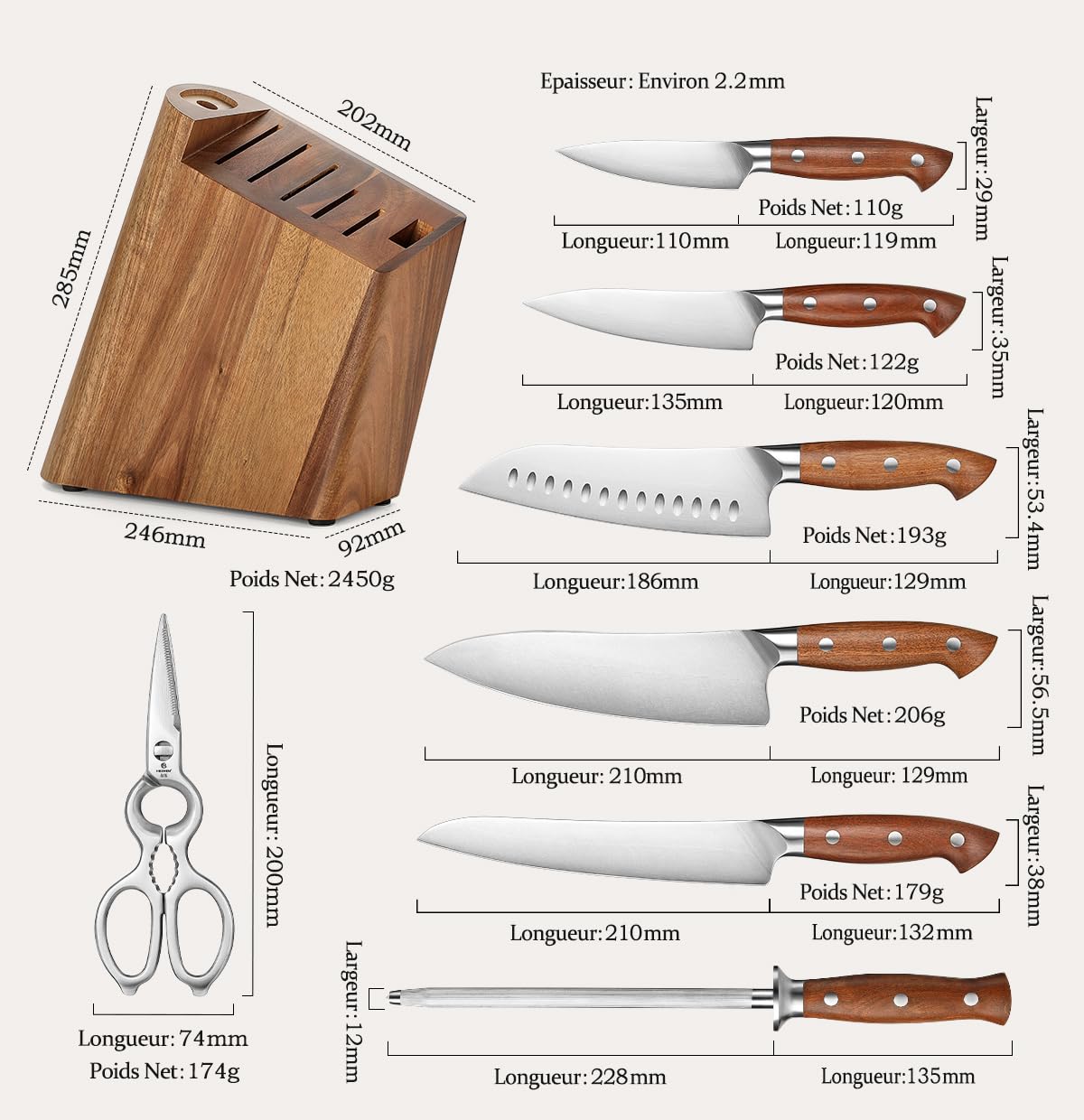 HEZHEN Blocs Couteaux Ensembles de Couteaux de Chef, Set de Couteaux de Cuisine avec Bloc de Couteaux en Bois D'Acacia, Ciseaux de Cuisine en Acier Inoxydable, Avec Fusil à Aiguiser