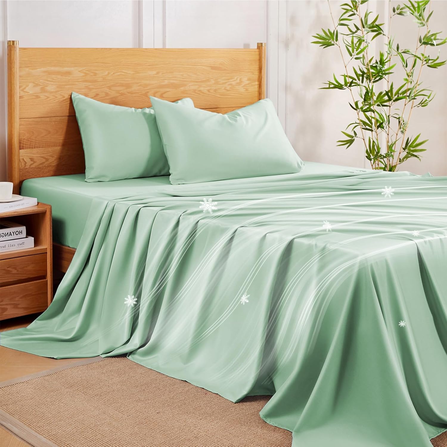 MR&HM King Size Sheets Set, 4-Piece Cooling Sheets, Rayon Derived from Bamboo & Polyester Blend, Soft & Silky, 15" Deep Pockets with Elastic Straps, Hotel Luxury for Hot Sleepers, Sage Green