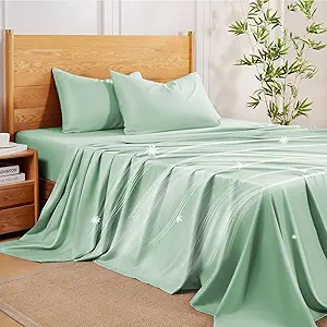 MR&HM Twin XL Sheets Set, 3-Piece Cooling Sheets, Rayon Derived from Bamboo & Polyester Blend, Soft & Silky, 15" Deep Pockets with Elastic Straps, Hotel Luxury for Hot Sleepers, Sage