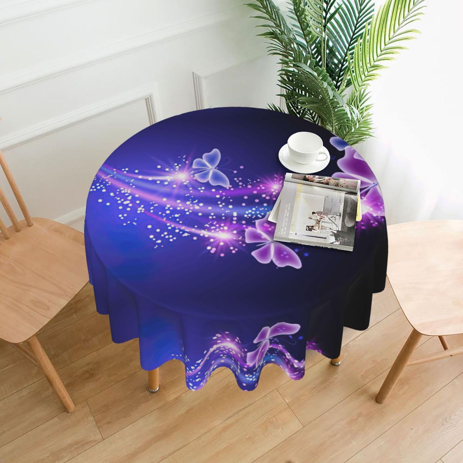 Zcmkjlg butterfly purple Print Quick Ship Round Tablecloth 60in Polyester Washable Cover for Dining Room