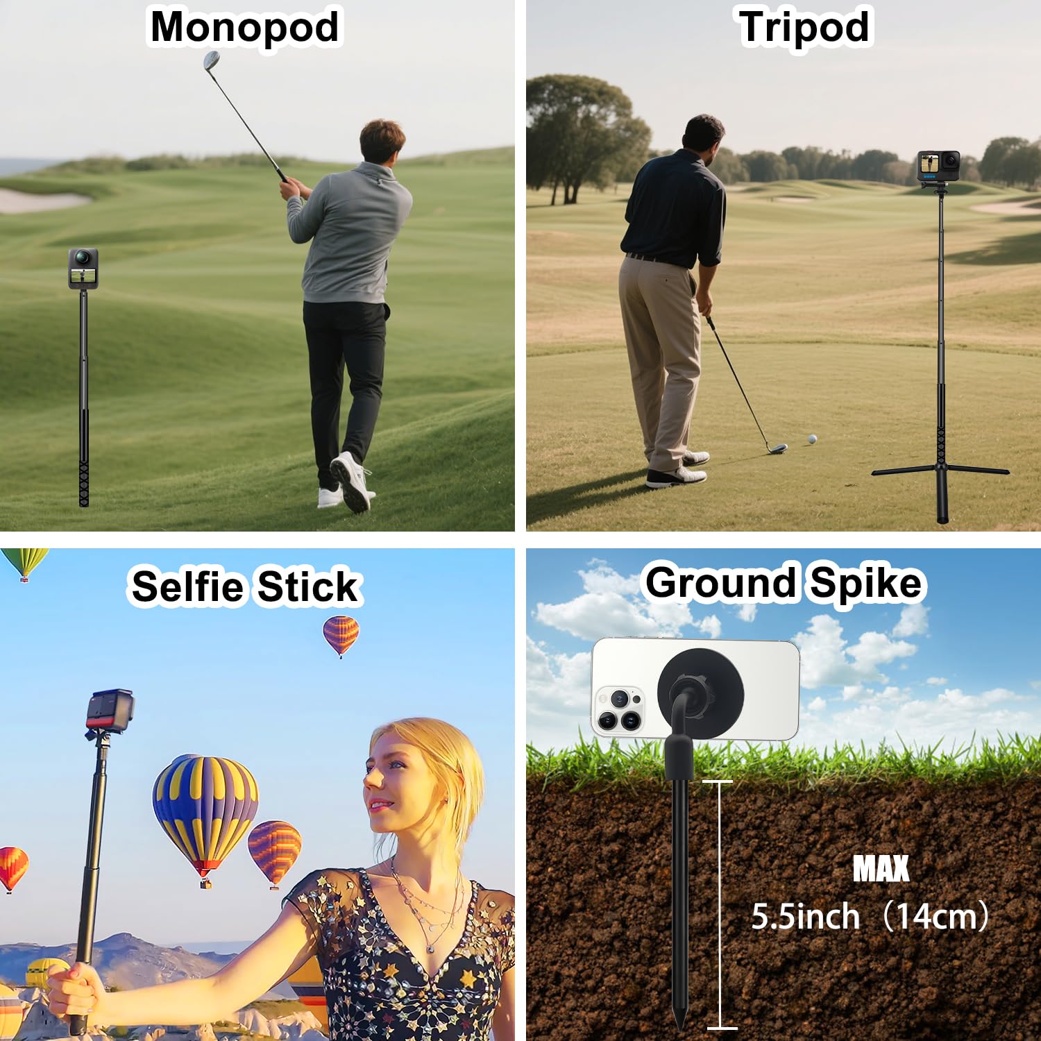 59" Magnético Golf Selfies Palo Trípode Compatible con iPhone,Ajustable Aluminio Teléfono Trípode Monopié Punta Tierra Golf Swing Entrenamiento Compatible con GoPro Cámaras Vídeo Grabación