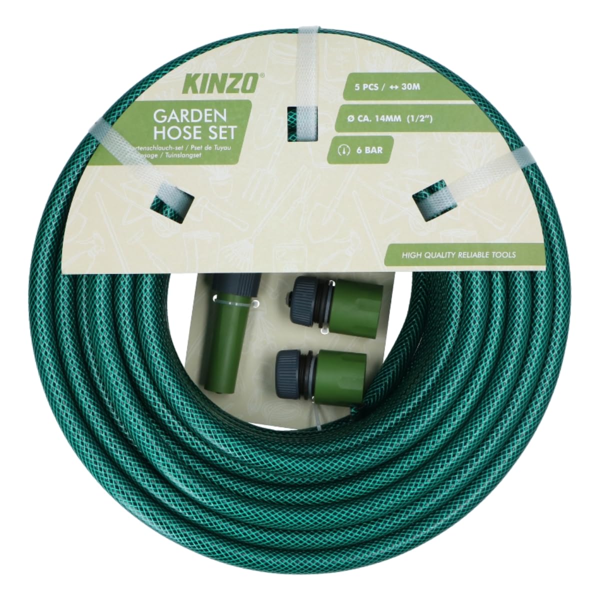 Kinzo Kit tuyau d'arrosage de 30 m – Tuyau d'arrosage 14 mm (1/2") max. 6 bar – Avec 3 raccords et 1 pièce de pulvérisation – Convient pour arroseurs de jardin – Vert