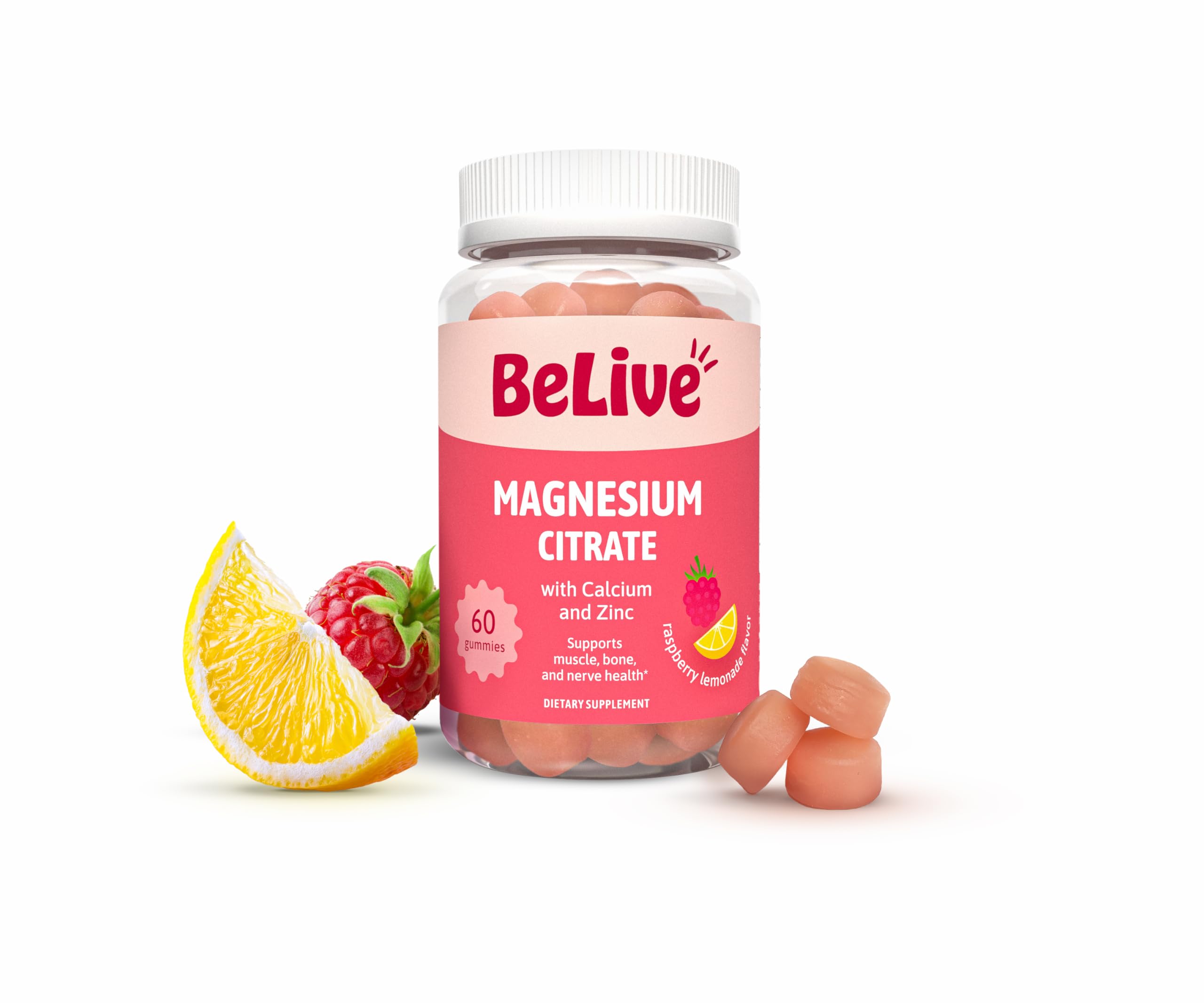 BeLive Magnesium Citrate Gummies with Calcium and Zinc,100 mg, 60 Count
