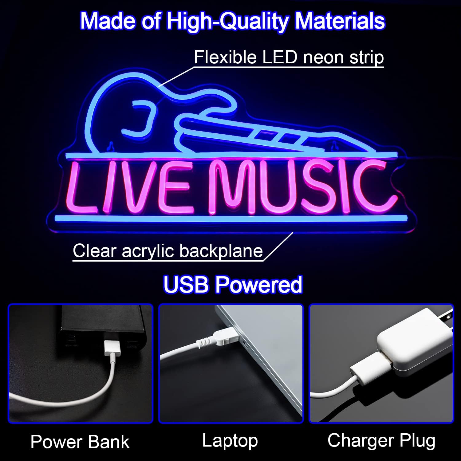 Horseneon Guitar Neon Signs for Wall Decor,Live Music Neon Lights for Bedroom,Guitar Led Light up Sign with USB Powered for Music Party, Bar, Club - Image 3
