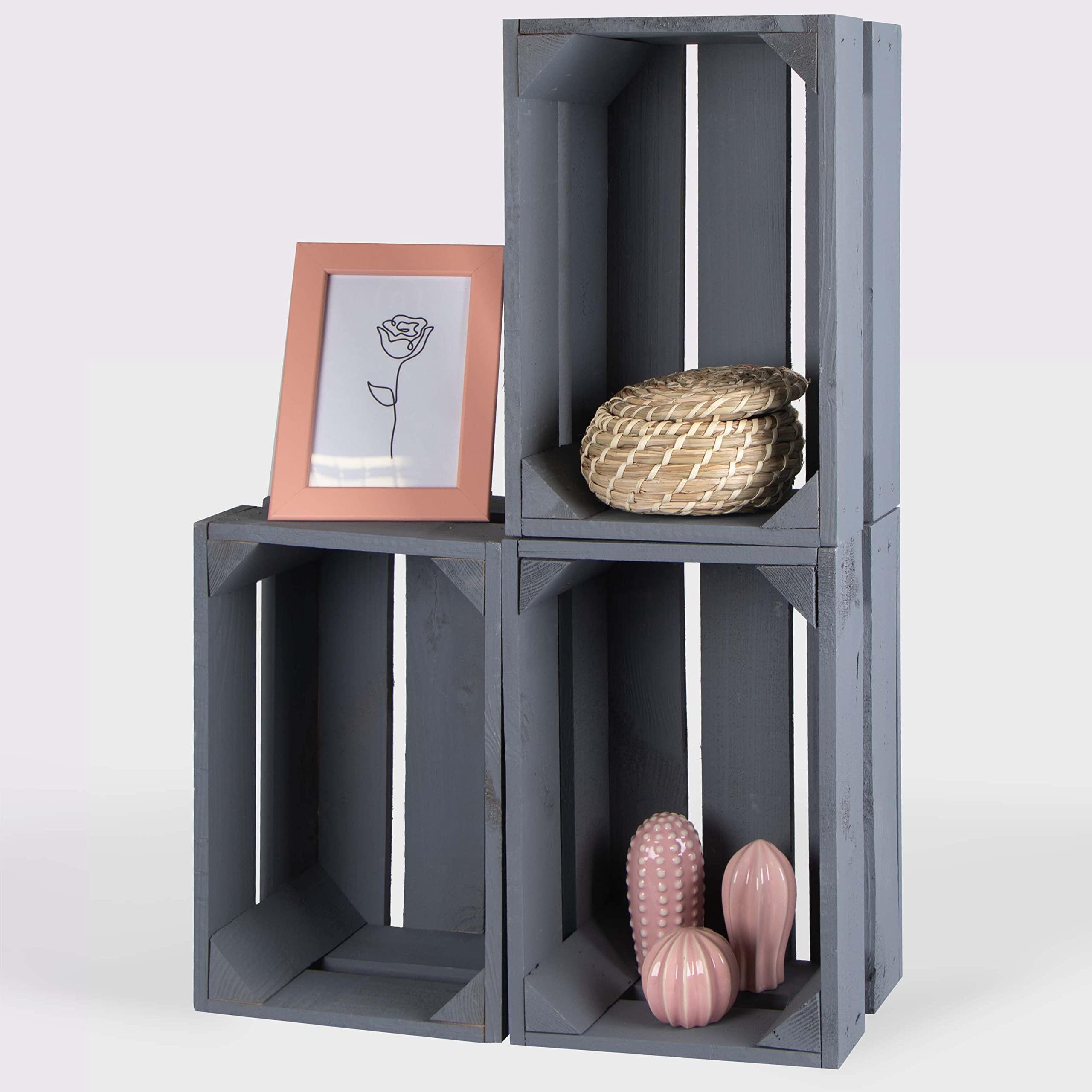 LAUBLUST Vintage Holzkisten 3er Set - Weinkisten & Obstkisten | Aufbewahrungskisten aus Holz - Geschenkkisten, Möbelkisten & Deko (Grau, 30 x 20 x 15 cm | M)