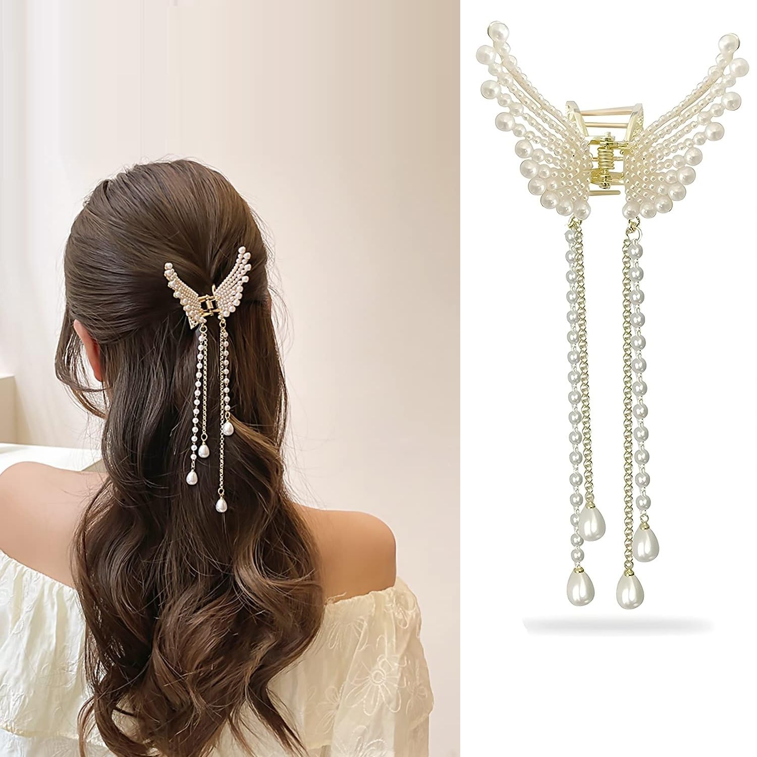 DEBINS Elegant Tassel Pearl Butterfly Hair Clip Flying Metal Hair Claw Clips - Stylish Hair Clamps and Accessories for Women and Girls (Pack of 1)
