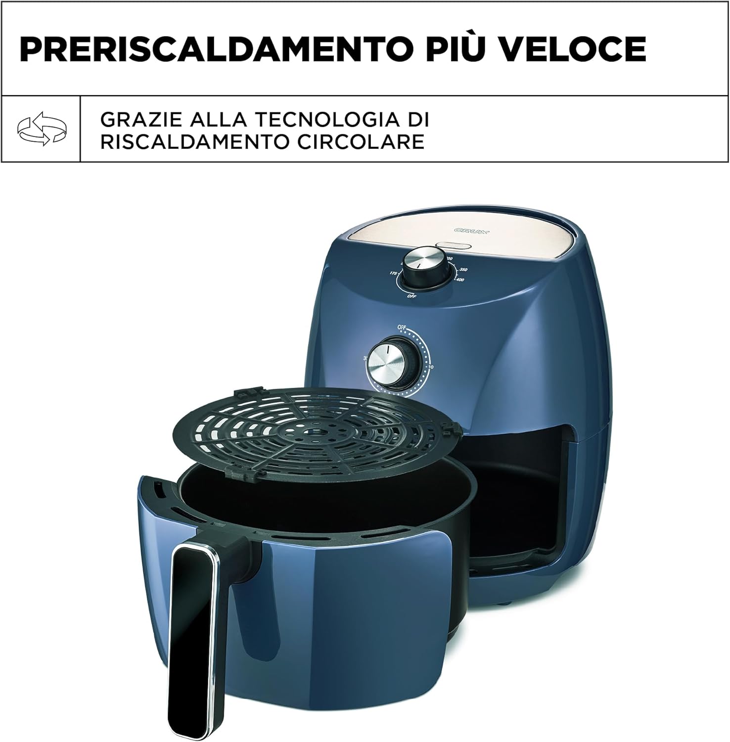 CRUX Friggitrice ad aria Manuale da 3,5 L, preriscaldamento più veloce, frittura senza olio, cestello antiaderente e griglia di cottura lavabili in lavastoviglie, acciaio inossidabile, blu