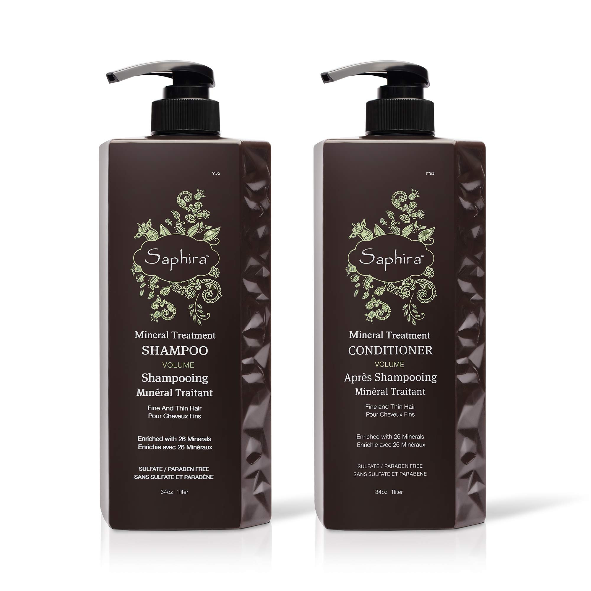 SaphiraMineral Treatment Shampoo and Conditioner for Fine, Thin and Color-Treated Hair, Sulfate-Free, Paraben-Free, Strengthens, Volumizes and Defines Weak and Fragile Hair