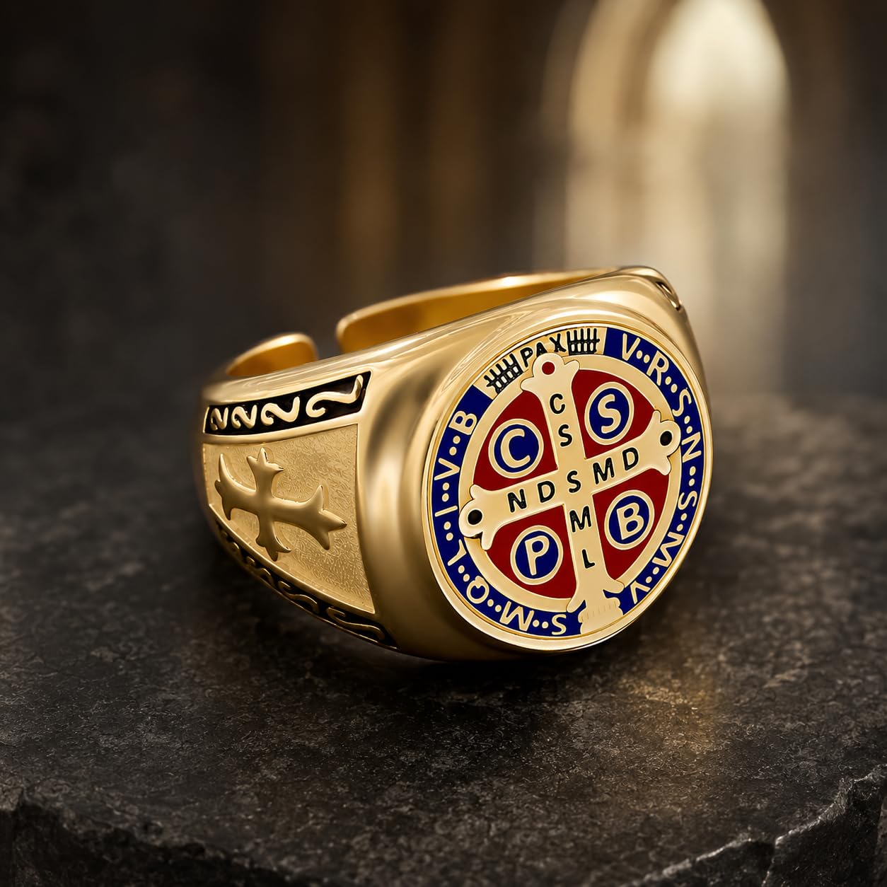 Odinstone Anillos para Hombre Anillo Vikingo San Benito Cruz en Plata 925 Anillos Rúnicos Vikingos Joyería Anillo