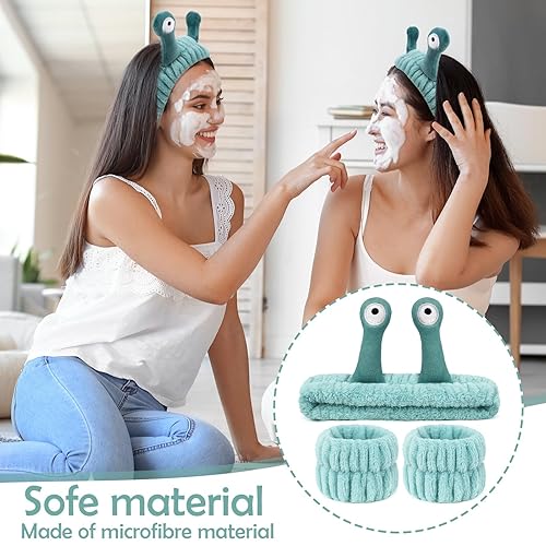 Miniatura 4 de Nakraly Juego de 3 diademas y muñequeras de spa de caracol, lindas diademas de maquillaje para lavar la cara y el cuidado de la piel con pulseras de