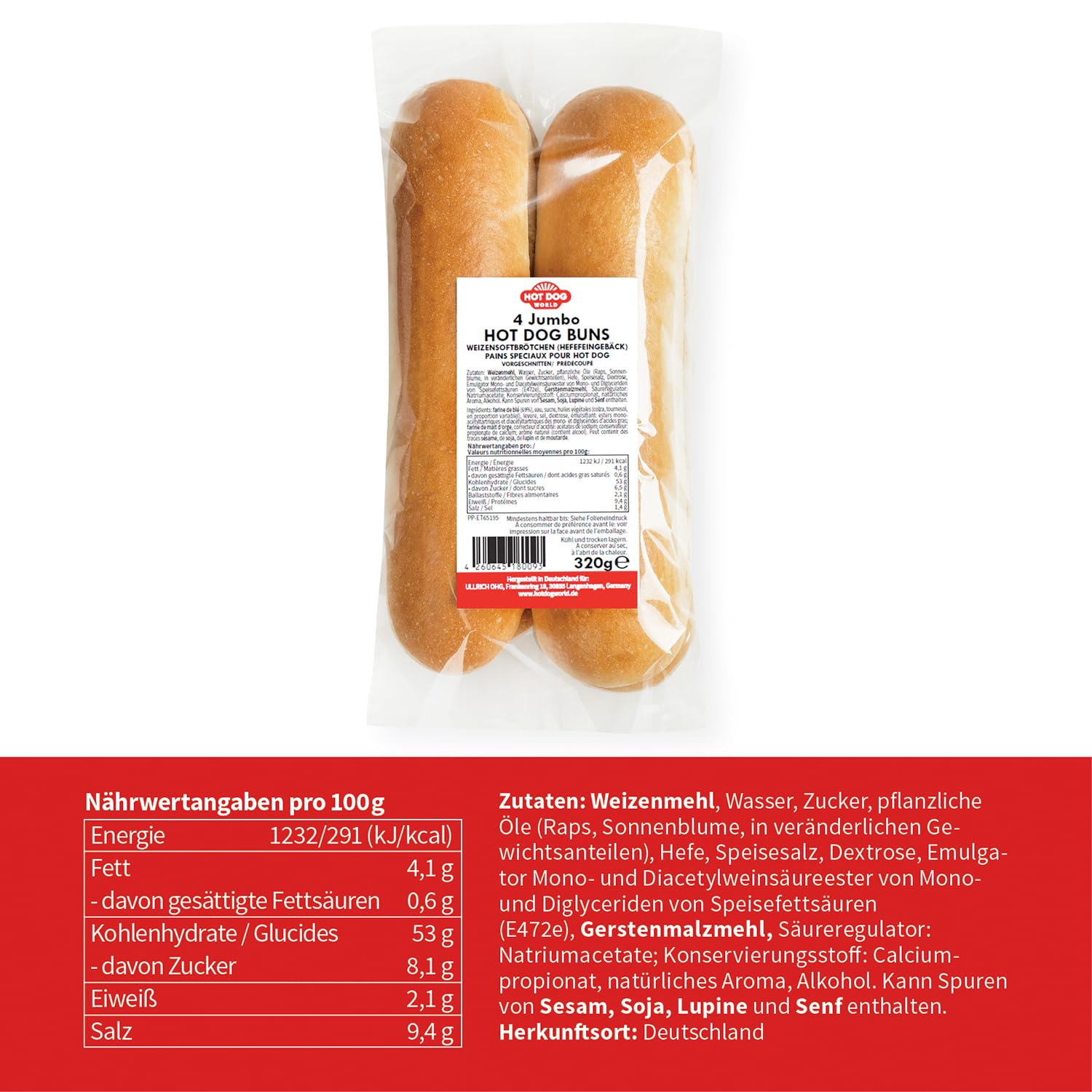 JUMBO GEFLÜGEL Hot Dog-Paket "dänische Art" für 16 Hot Dogs (Halal Geflügel)