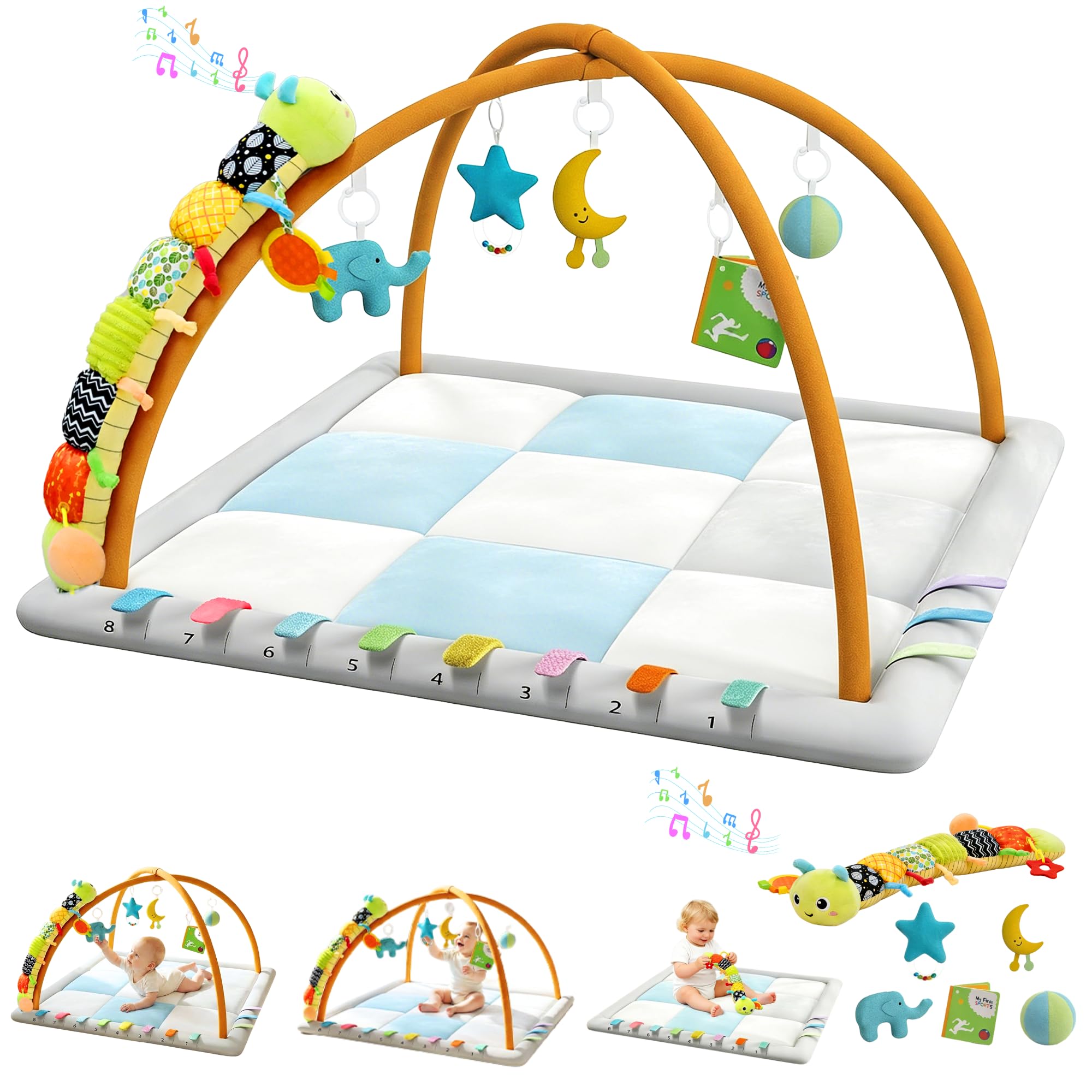 Photo 1 of Kidmoze Baby Play Gym & Activity Mat, Baby Tummy time mat w 6 Detachable Toys, Promote Motor Skills & Sensory Development Mat, Newborn Infant Baby Essentials Gift.