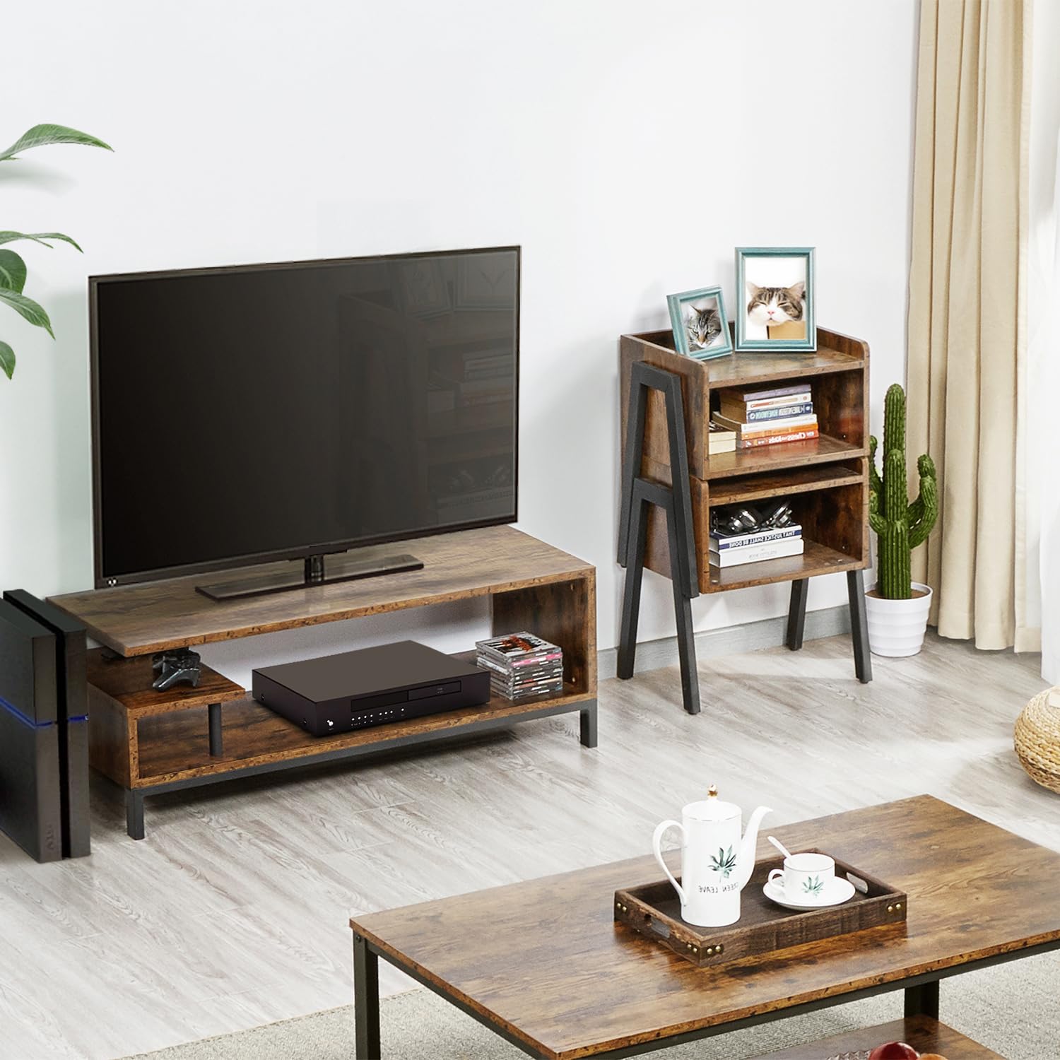 Yaheetech Meuble TV Bas Table TV Support de Télévision en Bois pour Salon Chambre Salle à Manger à 3 Niveaux Style Industriel Marron Rustique 106 x 39,5 x 40 cm
