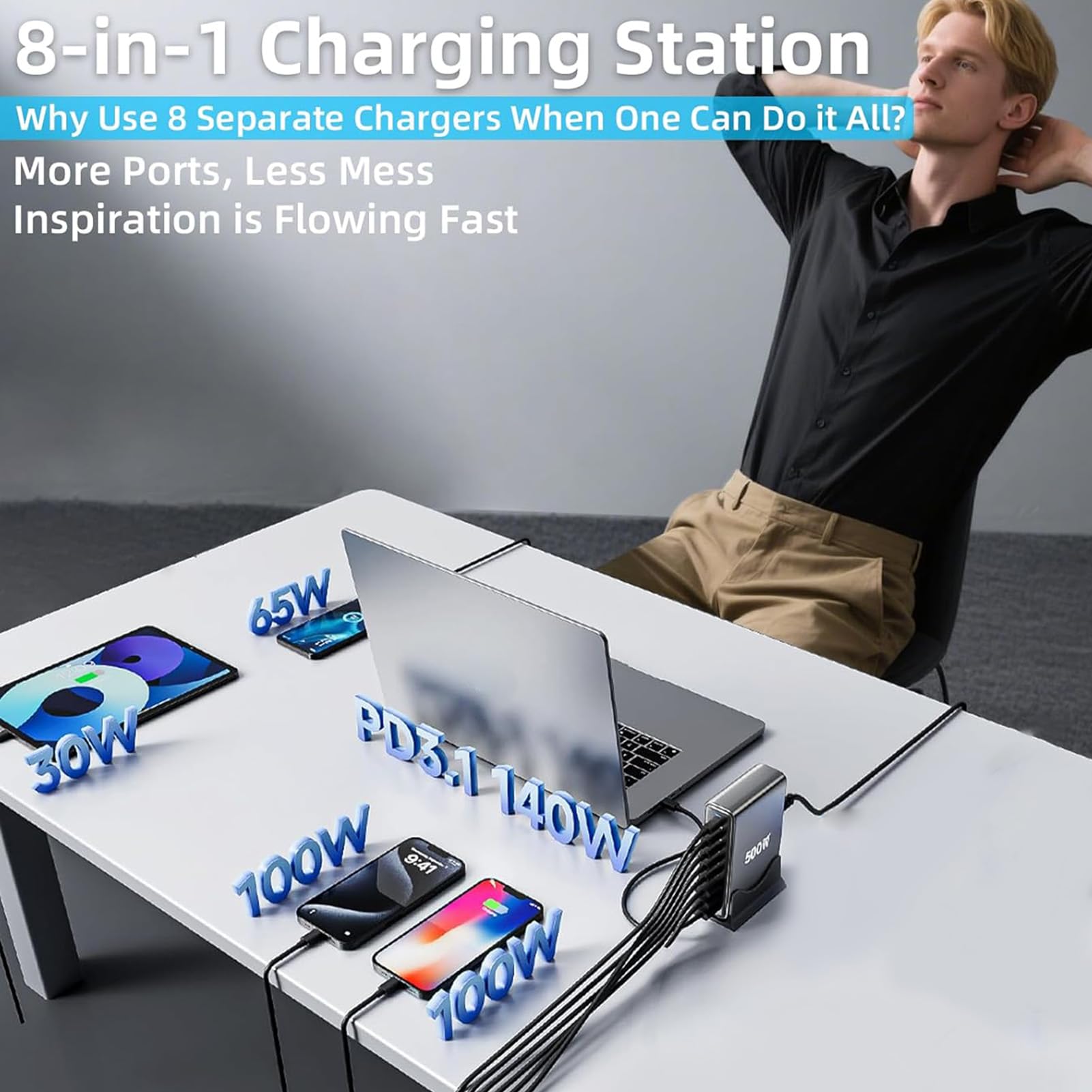 XUMIUZIY Stazione di Ricarica USB, Caricatore Multiplo 8 Porte 500W, per | 6 Porte e 2 USB-A, Ricarica Rapida Laptop 100W PD PPS, Cavo Rimovibile 1,5 M