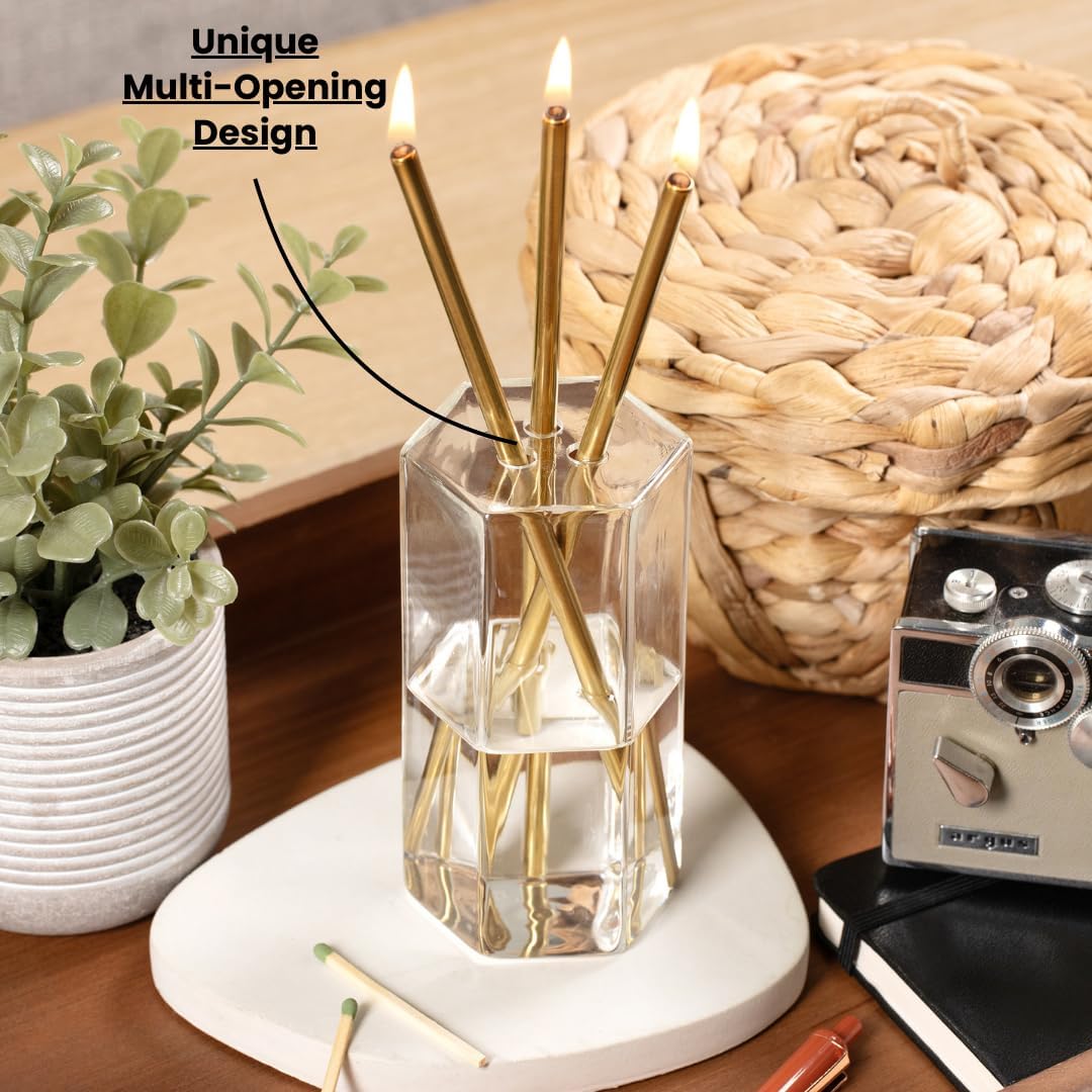 Refillable Candle Set - Unscented Paraffin Oil Candles Set with Metal Candlesticks, Glass Vase & Steel Funnel - Decorative Candles Gift Set for Home Decor, Events and Gifts