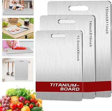 Titanium Cutting Board Set of 3, Upgraded 100% Pure Titanium Cutting Boards for Kitchen, Double Sided Food Grade Non Stick Chopping Cutting Boards for Cutting Meats Fruits Vegetables 3Pcs-S+M+L