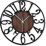 LEIKE Grandes horloges murales,en silence,non ticking,batterie exploitée petite ancienne ronde moderne en bois horloge murale pour salon, chambre,cuisine,farmhouse,décor de bureau-13.5 pouces(numéro noir-arabe)